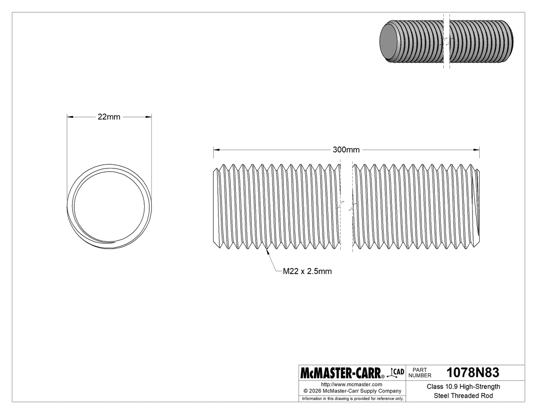 Technical Drawing of Class 10.9 High-Strength Steel Threaded Rod, M22 x 2.5 mm Thread Size, 300 mm Long.